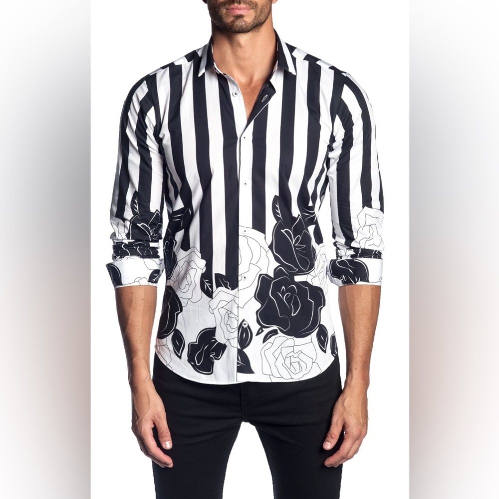 Jared Lang After Hours Trim Fit Stripe Floral Print Sport Shirt Size XL
